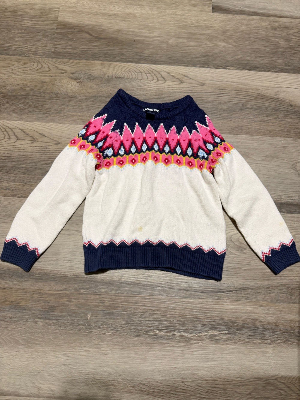 Kids Lands' End Cream and Navy Fair Isle Crewneck Sweater with Pink Accents